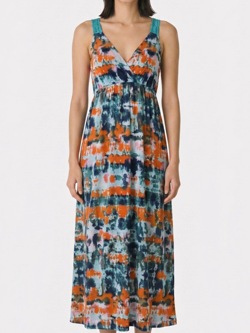 Faded Glory Women's Blue Orange Tye Dyed Crocheted Sleeveless Midi Dress Size XL